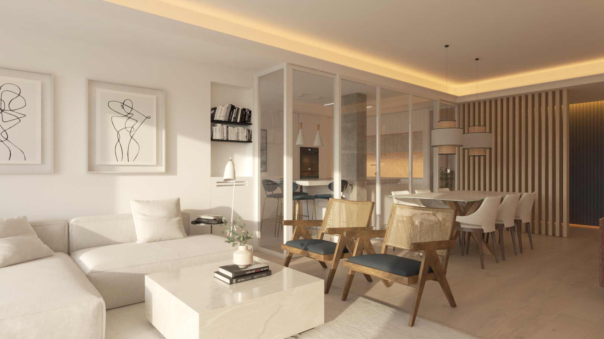 Render interior salon con cocina acristalada. Diseño de interiores online